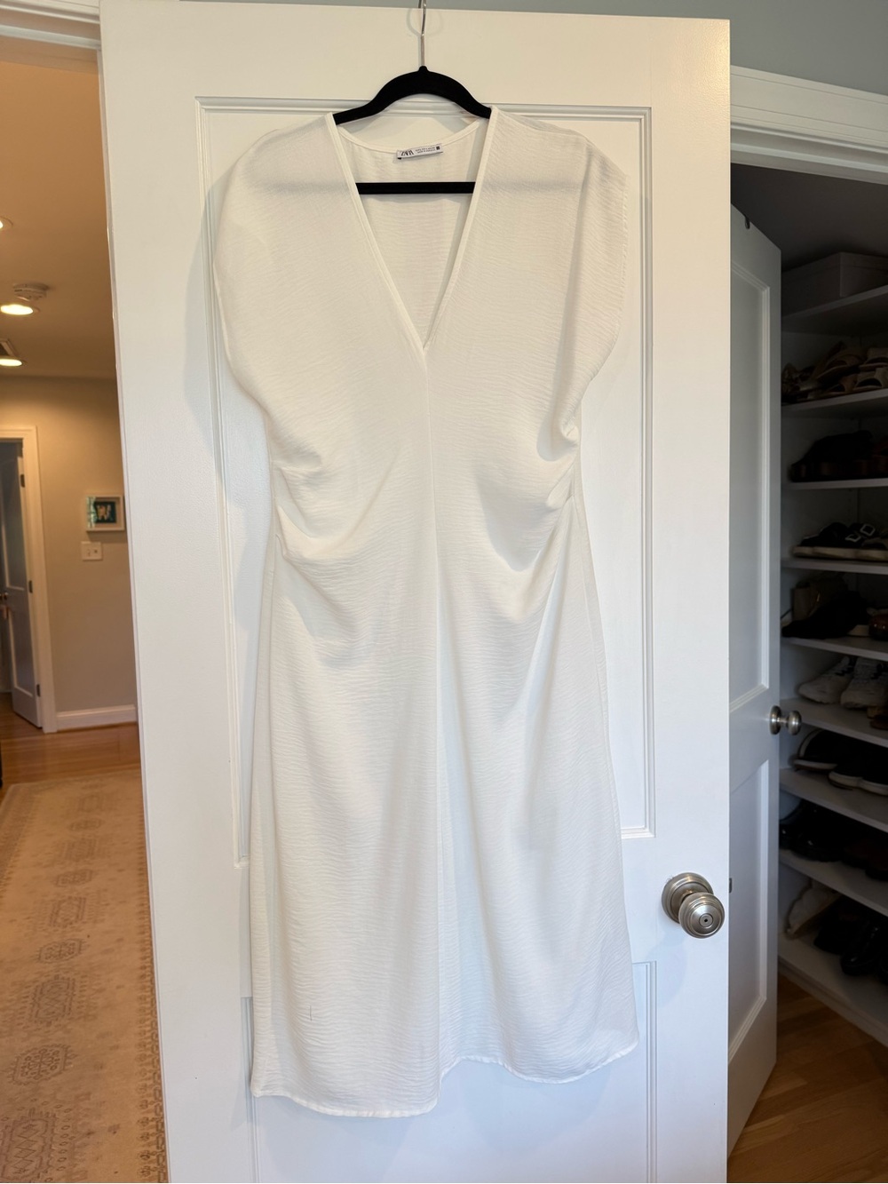 Zara White V-Neck Midi Dress with Subtle Ruching